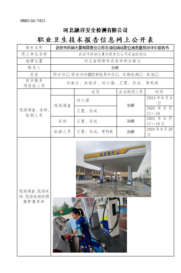 武安市供销大厦有限责任公司石油经销站职业病危害现状评价报告书